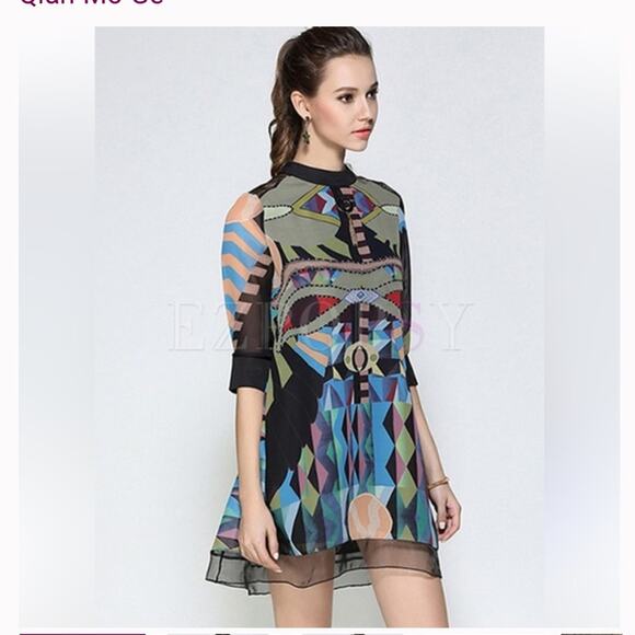 qian go me Dresses & Skirts - Art print style silk dress black multicolor Egyptian style necklace attached M